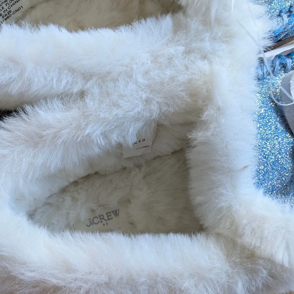 J.Crew Crewcuts Kids Glitter Slippers Size K13 Blue White Faux Fur NEW!